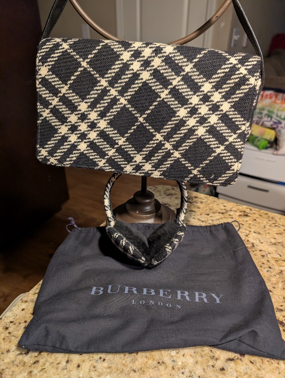 Burberry Black & Cream Check Ear Muffs Shoulder Bag Dustbag